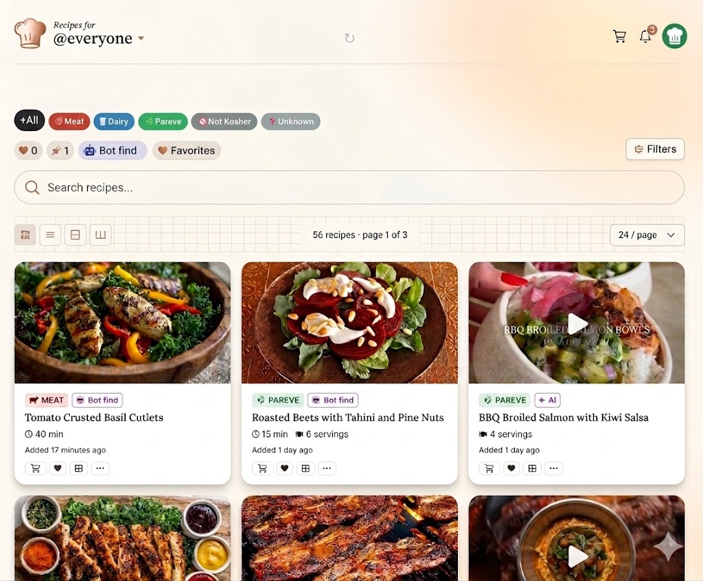 Recipes For … — home screen showing recipe grid with kosher category tabs