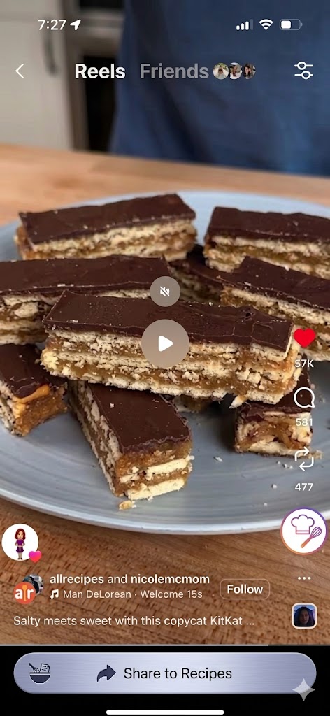 iOS share sheet — Share to Recipes button over an Instagram food reel